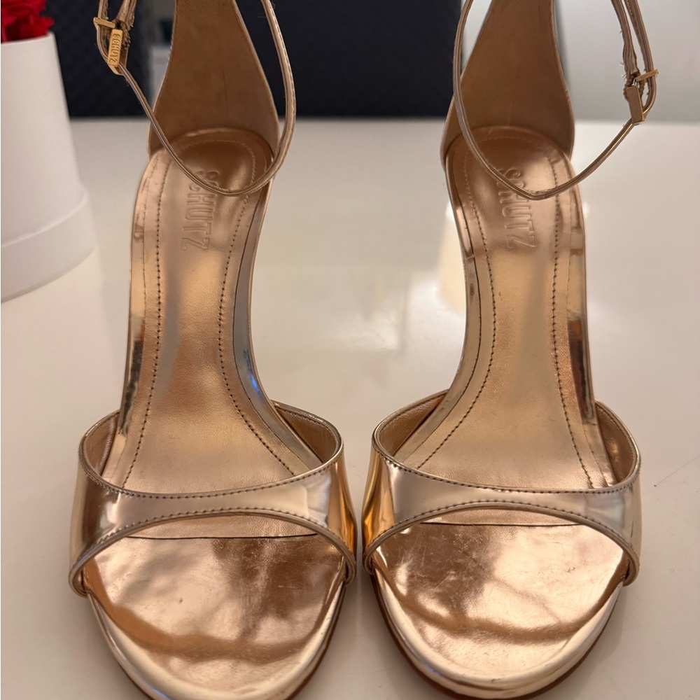 SCHUTZ Rose Gold Metallic Ankle-Strap Heels